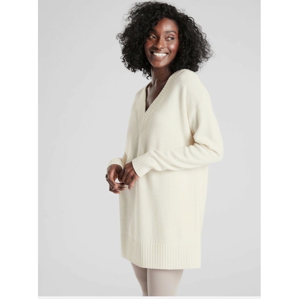 Athleta Wool Cashmere V-Neck Tunic Sweater, Dove Cream SIZE S 500937 T0818